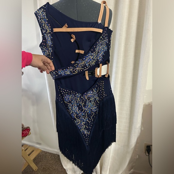 Navy and Silver Fringe Ballroom Rhythm Dance Dress - Picture 3 of 9
